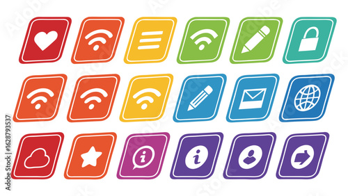 Collection of colorful icons for web design including wifi heart and information
