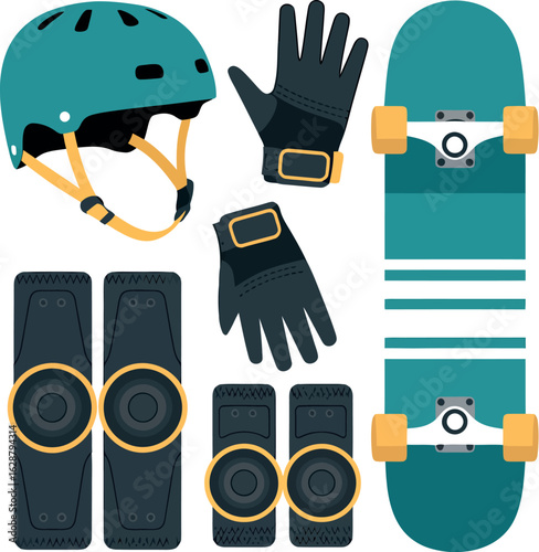 A still life of a teal skateboard, a helmet, gloves, and knee and elbow pads on a white background