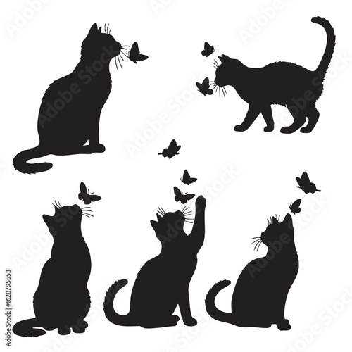 Black cat silhouettes interacting with butterflies feline kitten