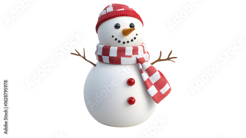 A 3D rendered snowman wearing a red and white checkered hat and scarf. High quality image with tr...