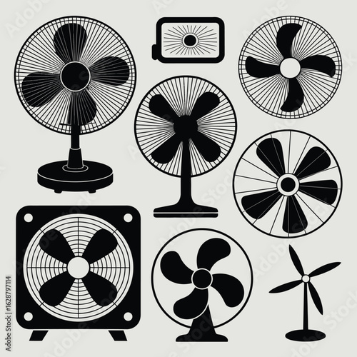 Collection of various electric fans for cooling and ventilation