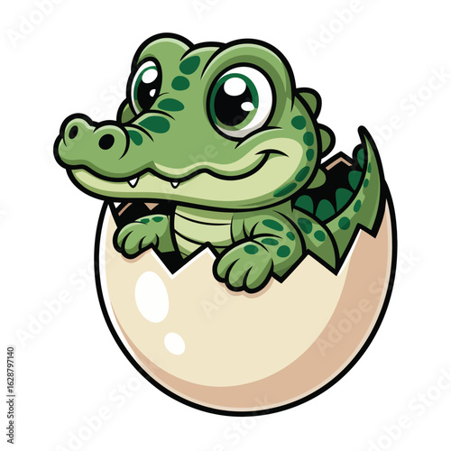Cute baby alligator hatching from a white egg with a happy expression