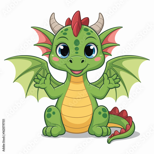 Cute cartoon baby dragon with green scales and wings