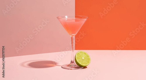 pinkish cold alcoholic drink with lime and lemon slices in a martini glass isolated 2 spit color