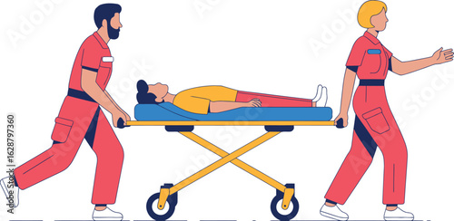 Two paramedics in red uniforms transport a patient on a yellow and blue gurney in an illustration