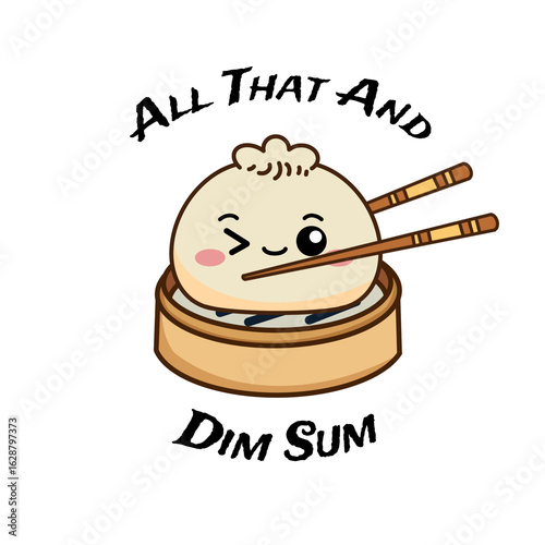 Fotografija Funny and adorable winking dim sum character in bamboo steamer with chopsticks