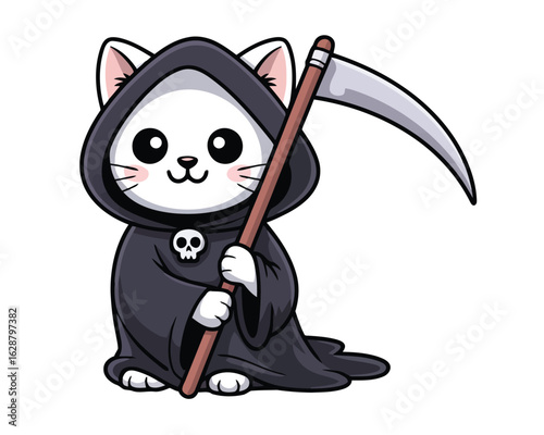 Grim Reaper Cat: A whimsical illustration of a cute cartoon cat dressed as the Grim Reaper, holding a scythe. A unique blend of adorable charm and spooky themes.