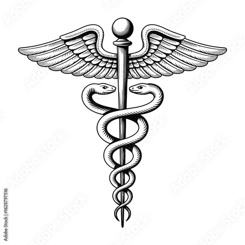 Classic caduceus medical symbol with wings and snakes
