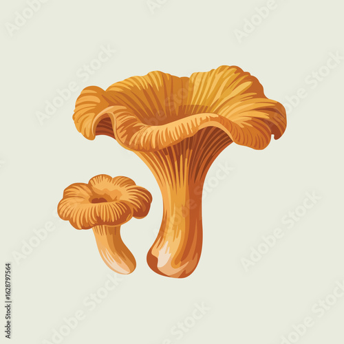 Illustration of two vibrant orange chanterelle mushrooms on a light background