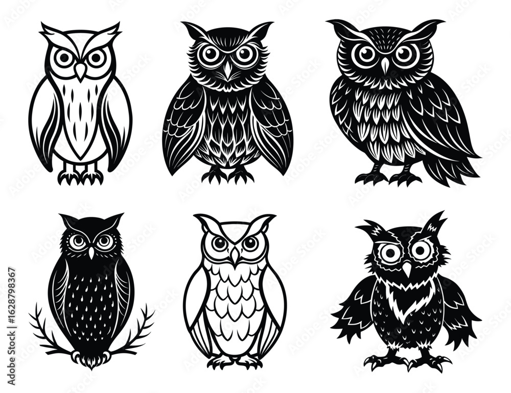 Fototapeta premium Scary Owl Perched on Tree Branch Silhouette Vector