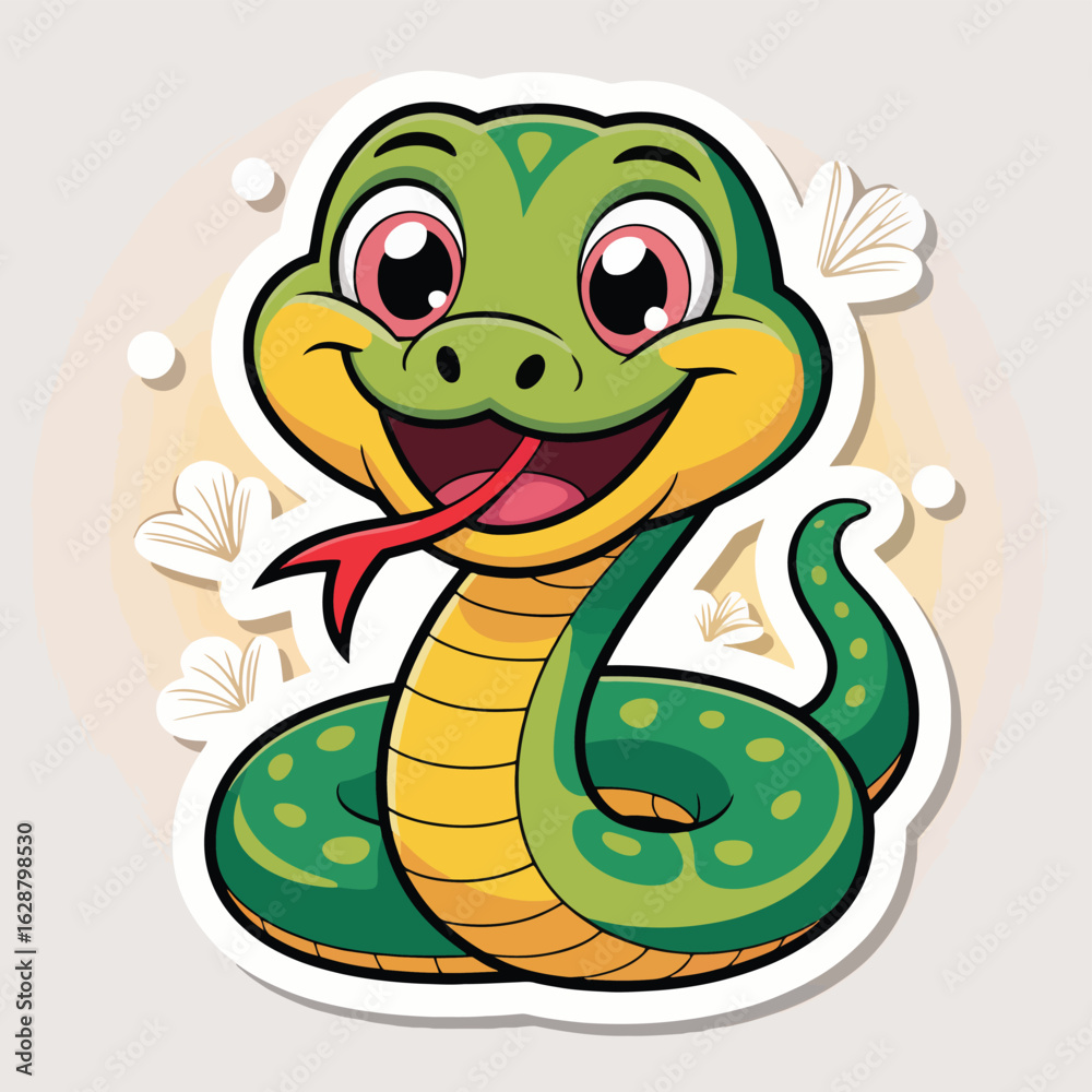 Fototapeta premium Cute cartoon green snake with big eyes and a happy smile
