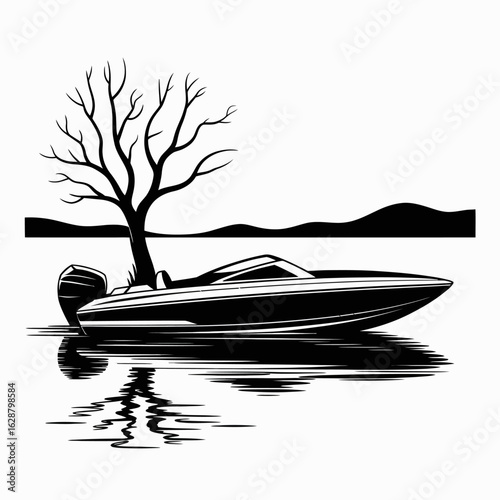 Abstract Boat Silhouette with Tree Reflection
