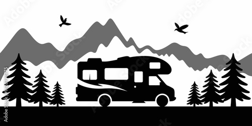 Camping RV in Mountain Landscape Silhouette