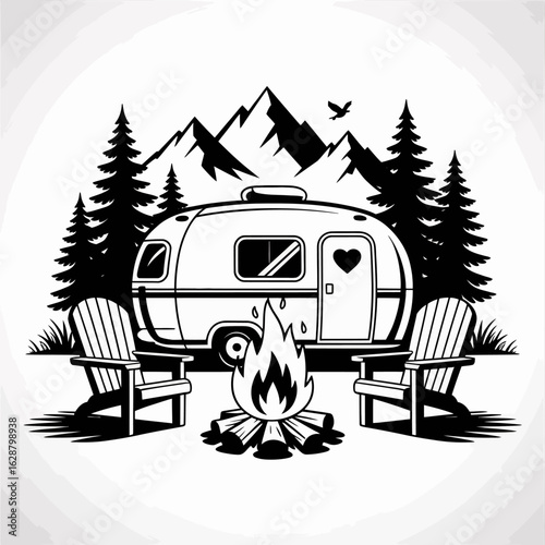 Camping Trailer with Fire and Mountains Illustration