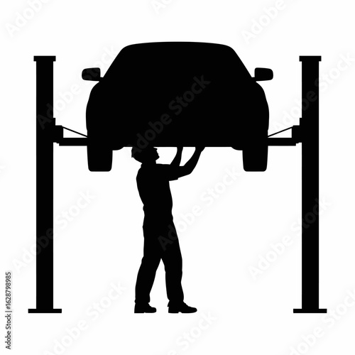 Car Mechanic Working Under Lifted Vehicle Silhouette