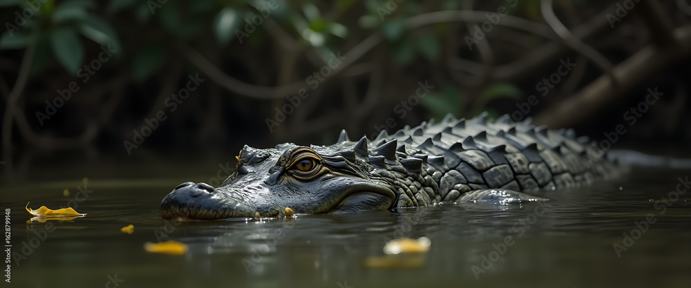 Fototapeta premium A large, dark gray, spotted crocodile is depicted in the foreground of a still, swampy body. The crocodile's head and upper body are visible, partially submerged in the water.