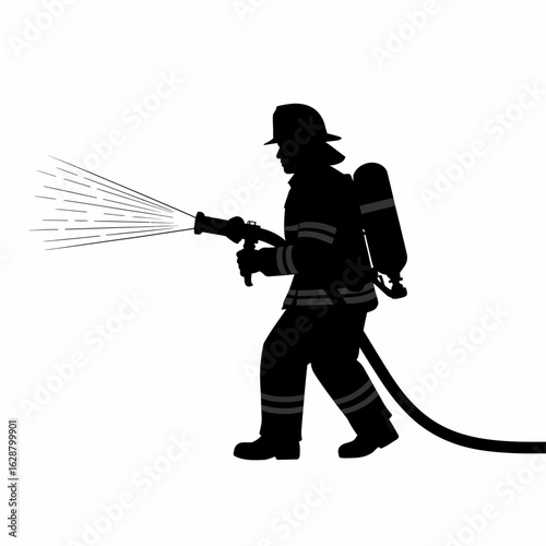 Firefighter Silhouette with Hose and Water Spray