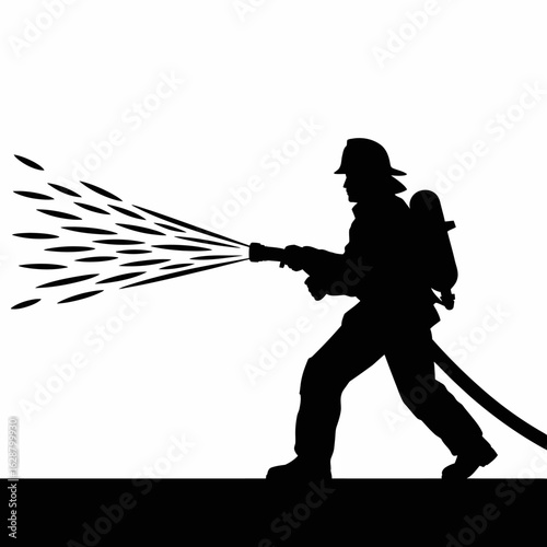 Firefighter Silhouette with Water Hose Spray