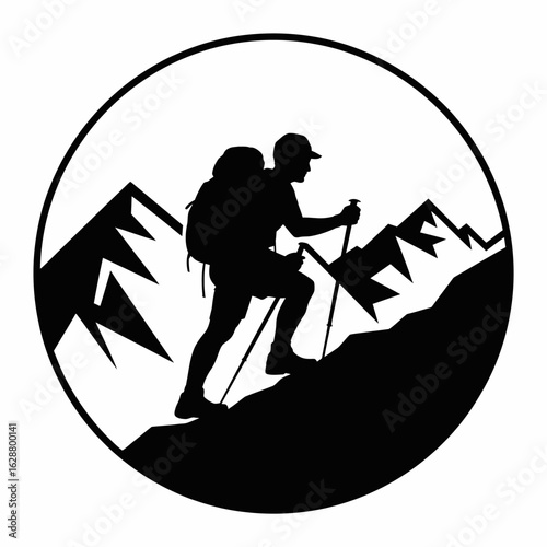 Hiker Climbing Mountains Silhouette Icon