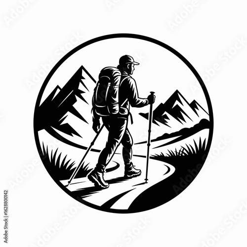 Hiker in Nature with Mountains and Trail Illustration