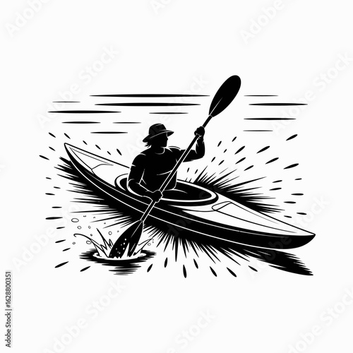 Kayaker in Action on Water Splashing Waves