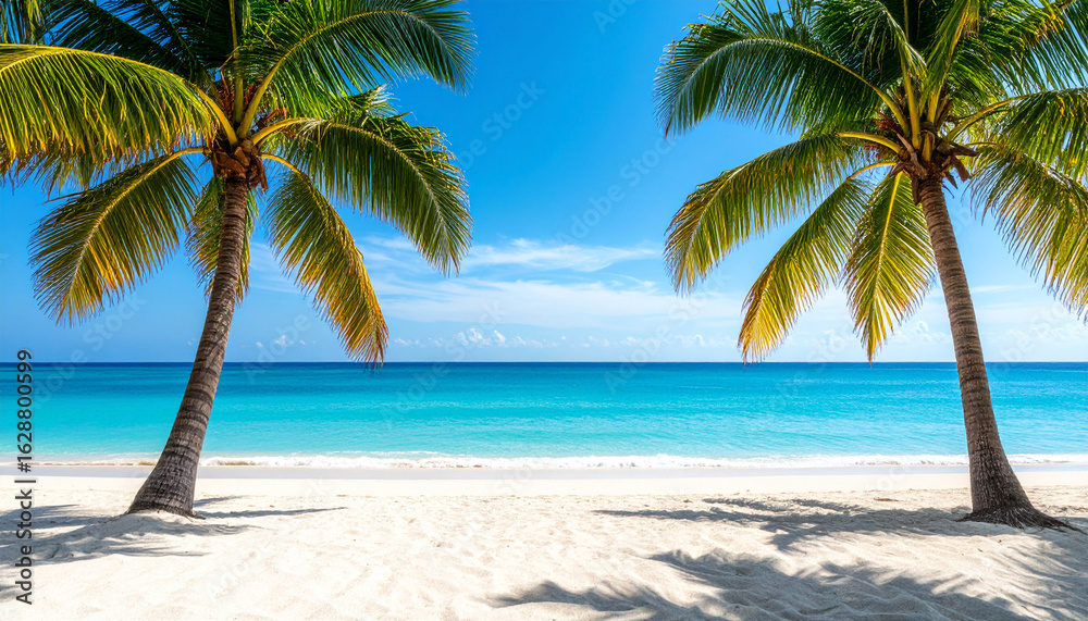 Tropical beach with two palm trees with blue ocean and sandy beach. Tropical beach with two palm trees with blue ocean and sandy beach.
