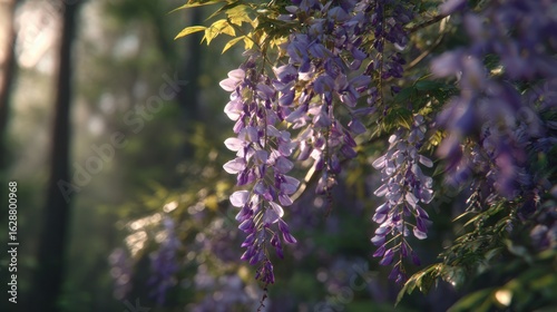 Wisteria blossoms in a sunlit forest