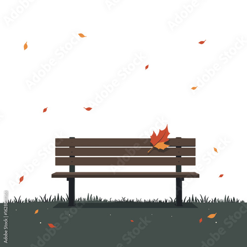 A lonely park bench with fallen autumn leaves without background representing solitude and decay
