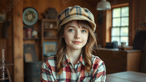 Girl in casual outfit with kepi in wooden vintage interior. Girl tomboy spend time in house of gamekeeper. Tomboy concept. Lady on calm face in plaid clothes looks cute and casual
