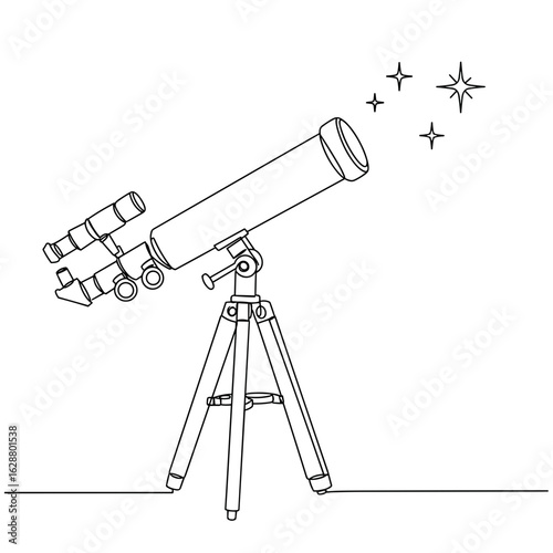 Telescope pointing towards stars in black line art on transparent background  