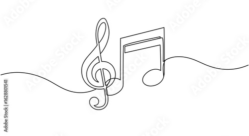 Continuous one line drawing of treble clef and musical notes on transparent background  