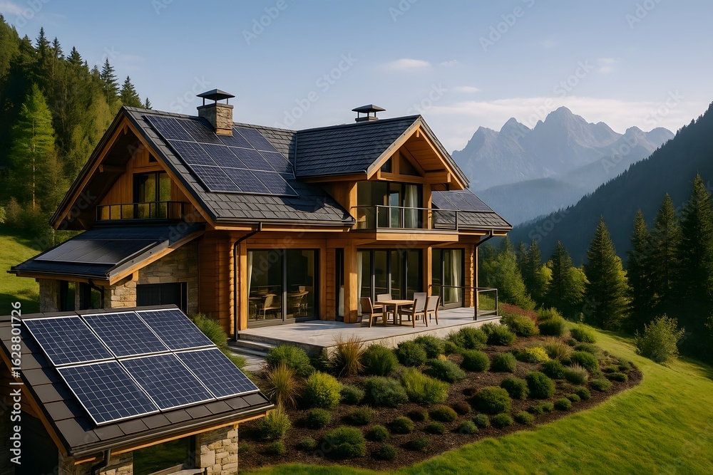Obraz premium mountain cabin with solar panels