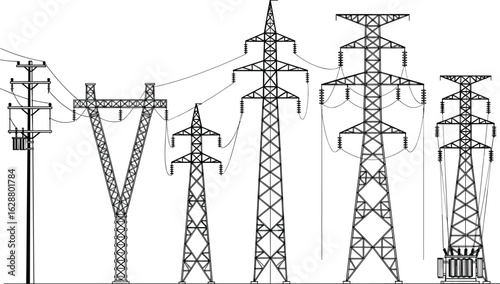 Set of high voltage electric power transmission tower vector illustrations, electricity pylons, energy infrastructure, utility pole grid, black silhouette design