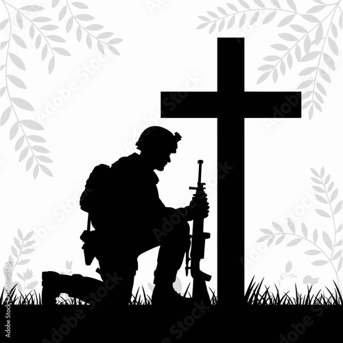 Silhouette of Soldier Kneeling by Cross, Memorial Tribute