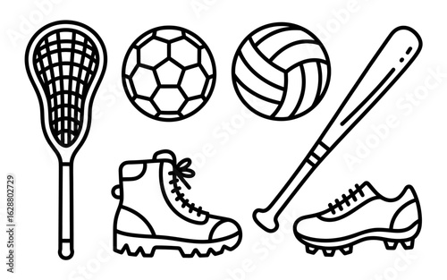 Collection of sports equipment and footwear showcasing lacrosse stick soccer ball volleyball baseball bat hiking boot and cleated shoe in minimalist black and white line art