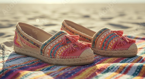 Colorful espadrilles on beach towel