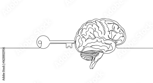 Key unlocking human brain in black line art on transparent background  