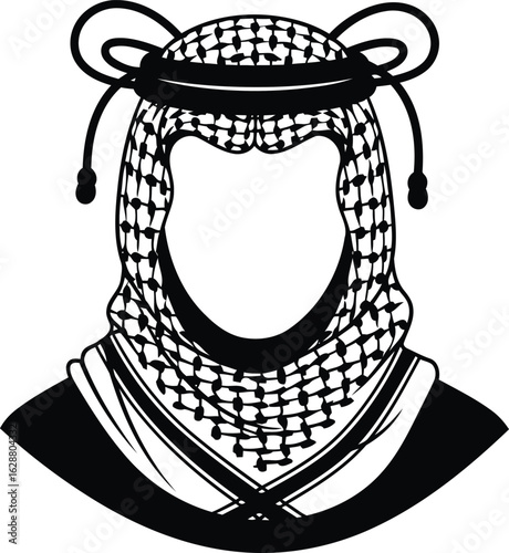 Traditional Arabic keffiyeh headscarf with agal rope, middle eastern male cultural attire vector, black and white shemagh ghutra illustration