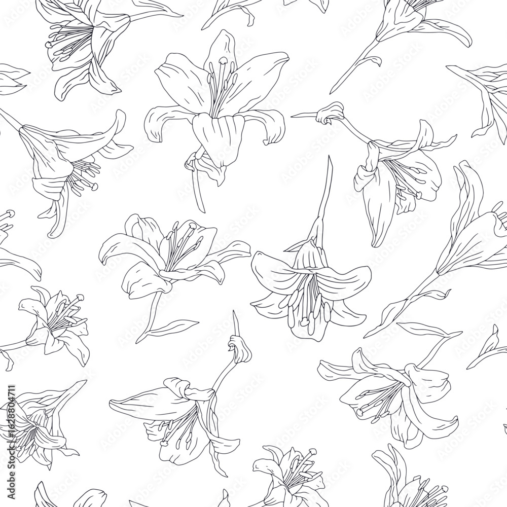 Fototapeta premium Black and white line art vintage seamless pattern with hand drawn lily flowers