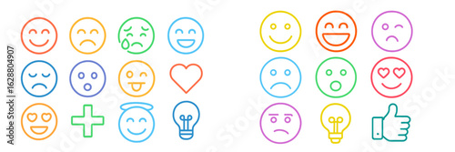 Collection of colorful emoticons depicting various emotions and symbols representing feelings and ideas
