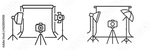 Studio setup for a photography shoot with lighting and backdrop equipment