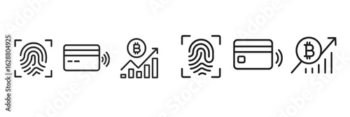 Digital financial technology symbols illustrate contactless payments and biometric authentication methods