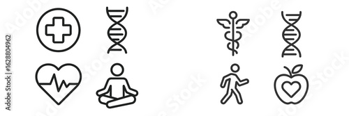 Variety of health and wellness icons representing medical care, fitness, and nutrition elements