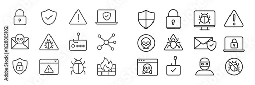 Collection of cybersecurity icons illustrating various online security threats and protection measures