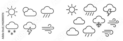 Weather symbols depicting sun, clouds, rain, snow, lightning, and wind for educational purposes