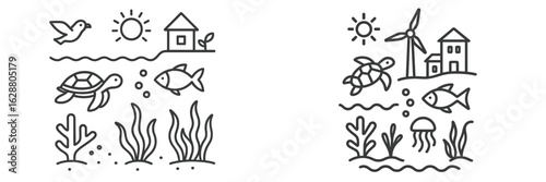 Illustrative graphic depicting ocean life, nature, and renewable energy with various aquatic animals and sustainable elements