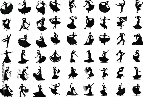 Flamenco Dancer Silhouette Icons – Traditional Spanish Dance Set Elegant Flamenco Dress Dancer – Silhouette Icon Collection