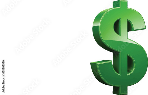 Shiny green dollar sign symbol representing wealth finance and currency isolated on transparent background