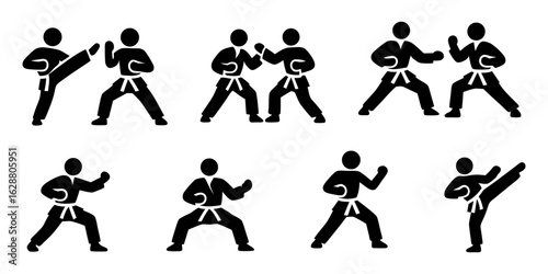Martial arts silhouettes vector set, karate poses, self defense moves, sports icons