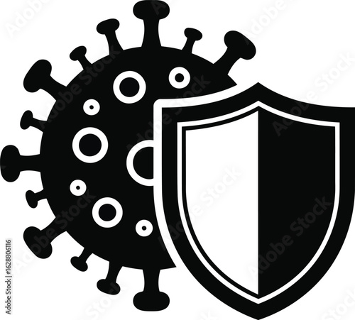 Immune system protection icon, black virus cell with shield symbol, medical defense and antiviral health concept, vector EPS illustration